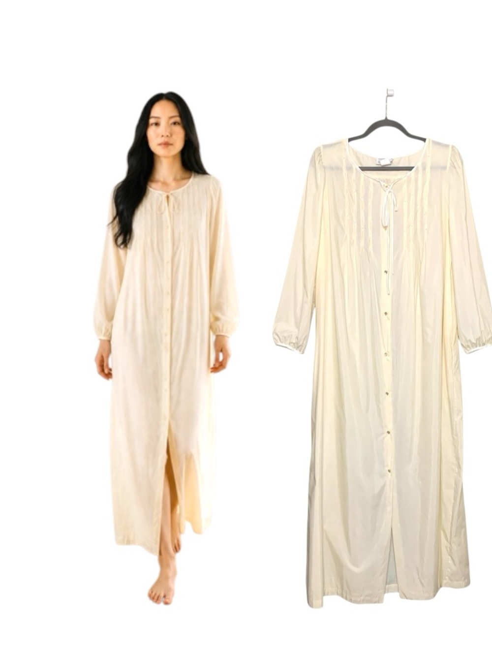 Vintage 80s Long Button-Front Nightgown Long Sleeve Yellow M Embroider Cottage